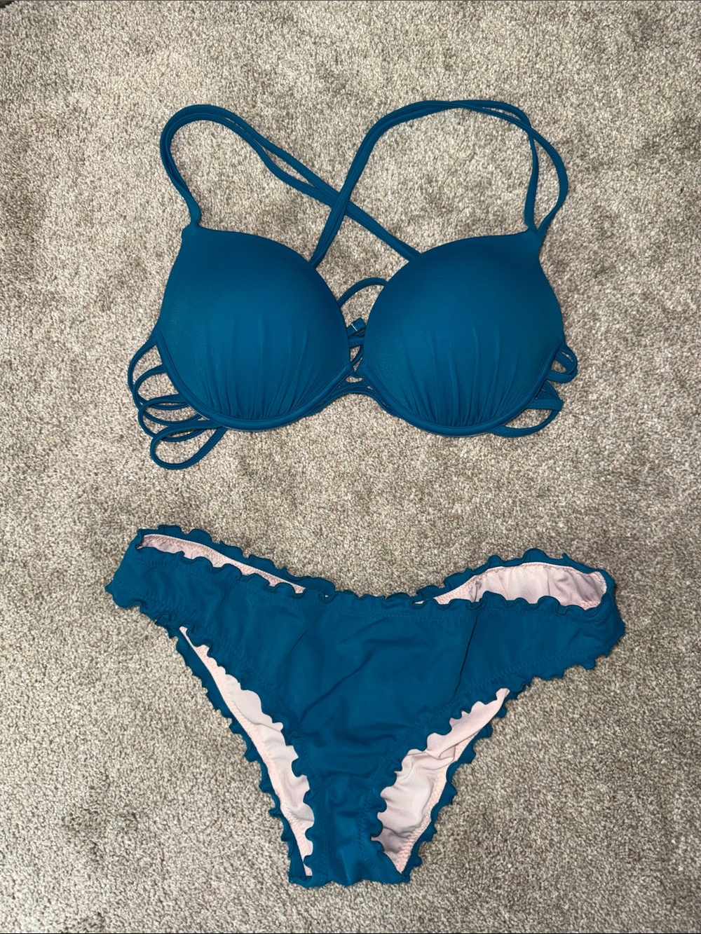 Women's Jewel Tone Blue Ruffled Scrunch Butt Bikini Set - Padded Crossback Top